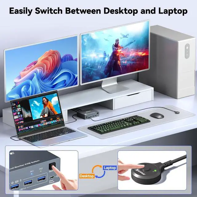 Alt view image 5 of 7 - AUTYUE KVM Switch 2 Monitors 1 Desktop and 1 Laptop 4K@60Hz, 7-in-1 Dual Monitor KVM Switch Docking Station, Expand 2 HDMI Displays, 4x USB 3.0 Ports, PD 80W, Wired Remote and USB-C Cable Included