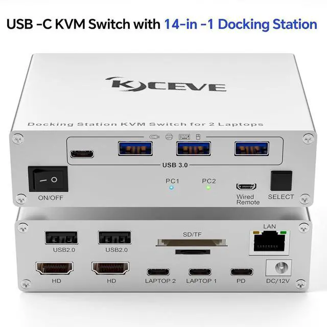 Main image of AUTYUE USB C KVM Switch 2 Monitors 2 Laptops, 4K @60Hz MST Dual Monitor KVM Switch for 2 Computers, with 3 USB A + 1 USB C Ports, 100W PD and 1G Ethernet, Wired Remote Control and USB C Cables