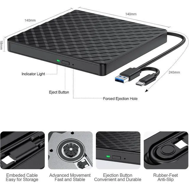 Alt view image 2 of 7 - AUTYUE External DVD Drive, USB 3.0 Type-C External CD/DVD Drive, Portable CD DVD +/-RW Burner
Reader for Laptop Desktop PC Windows 11/10/8/7 Linux Mac OS, Plug and Play Slim Optical DVD Drive