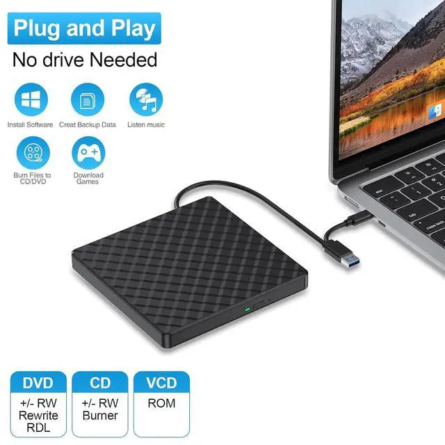 Alt view image 5 of 7 - AUTYUE External DVD Drive, USB 3.0 Type-C External CD/DVD Drive, Portable CD DVD +/-RW Burner
Reader for Laptop Desktop PC Windows 11/10/8/7 Linux Mac OS, Plug and Play Slim Optical DVD Drive