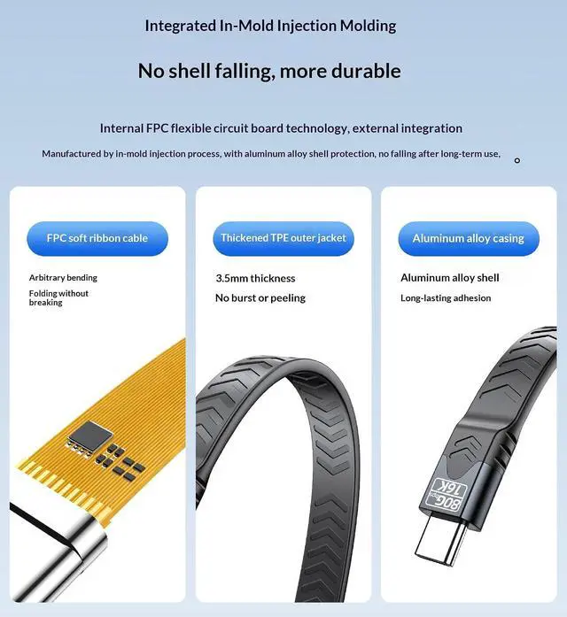 Alt view image 2 of 7 - AUTYUE USB5 USB-C to USB-C Short Flat Cable Compatible with Thunderbolt 5/4/3, 240W PD Fast Charging, 80Gbps Data Transfer, 16K Video, USB 5 Cable for iPhone 17/16 Pro Max,MacBook,SSD,Docking,eGPU