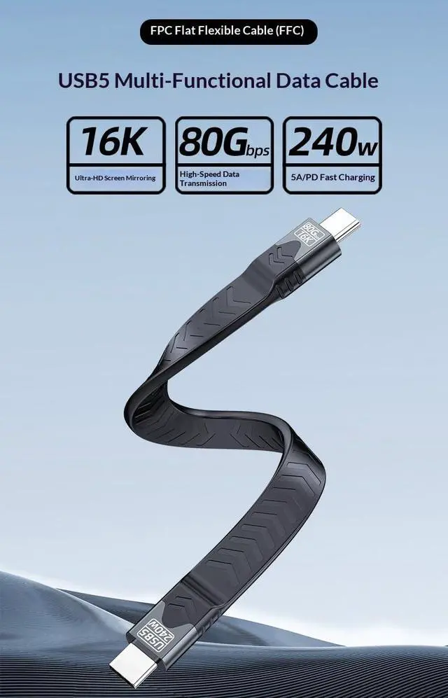Alt view image 3 of 7 - AUTYUE USB5 USB-C to USB-C Short Flat Cable Compatible with Thunderbolt 5/4/3, 240W PD Fast Charging, 80Gbps Data Transfer, 16K Video, USB 5 Cable for iPhone 17/16 Pro Max,MacBook,SSD,Docking,eGPU