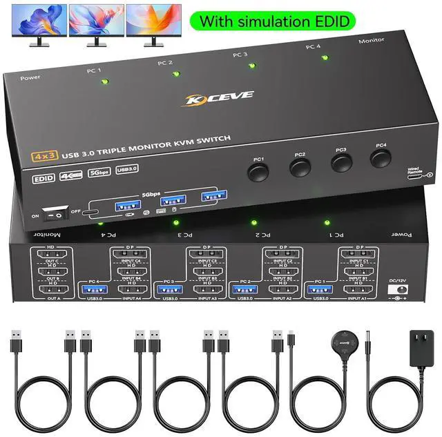 Main image of AUTYUE KVM Switch 3 Monitors 4 Computers 4K@60Hz, EDID Simulation, HDMI + 2 Displayport Triple Monitor KVM Switch with 4 USB 3.0 Ports for Keyboard Mouse, Wired Remote & 4 USB3.0 Cables Included