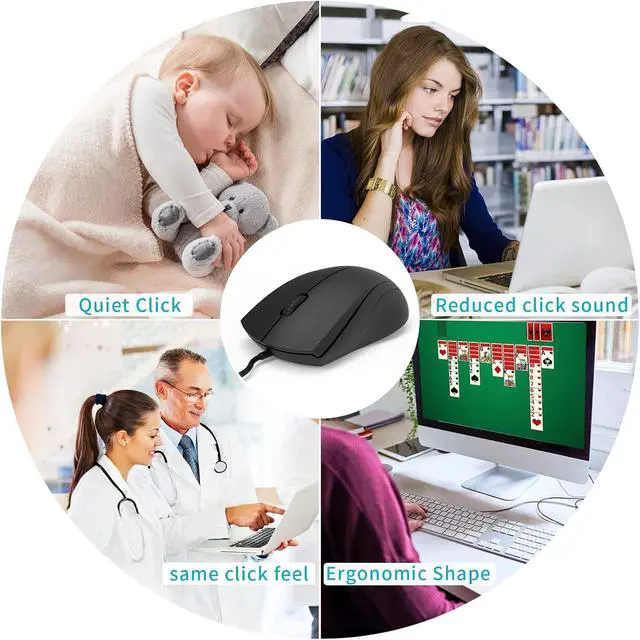 Alt view image 6 of 7 - AUTYUE Silent Mouse, USB Wired Mouse, 1000 DPI 5ft Cord Quiet Button Optical Computer Mouse, Left Right Hand Use, for Laptop Chromebook Mac Notebook, Matte Black