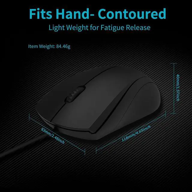 Alt view image 7 of 7 - AUTYUE Silent Mouse, USB Wired Mouse, 1000 DPI 5ft Cord Quiet Button Optical Computer Mouse, Left Right Hand Use, for Laptop Chromebook Mac Notebook, Matte Black