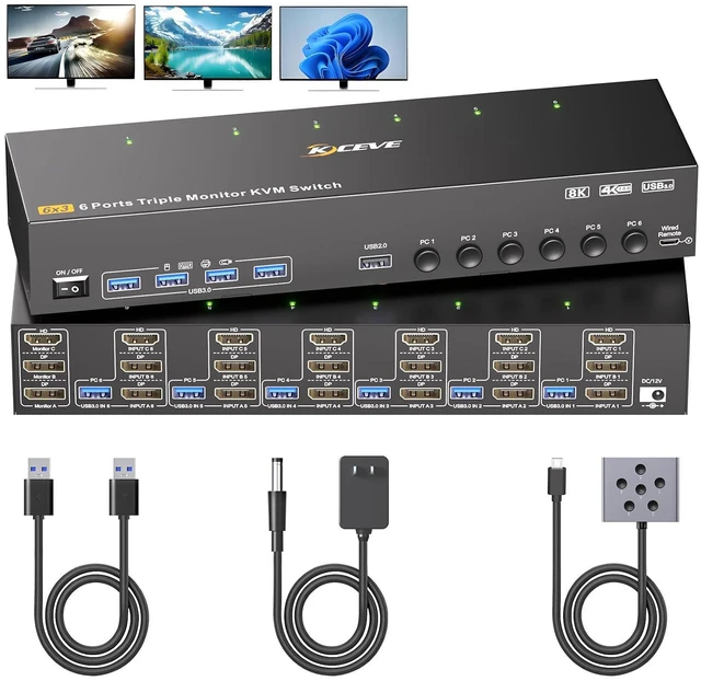 Main image of AUTYUE KVM Switch 3 Monitors 6 Computers, HDMI + 2 DisplayPort Triple Monitor 6 Computer Switcher, 8K@30Hz/4k@144HzKVm Switches for 6 PC Share 3 Display and USB 3.0 Devices, with Wired Remote Control