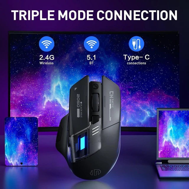 Alt view image 2 of 6 - AUTYUE A9 V2 Explorer Wireless Gaming Mouse, Tri-Mode, Rechargeable
2.4G/Type-C Wired/Bluetooth Wireless Mouse, 12800 DPI, RGB light, visible battery indicator, Gaming Mice for Laptop/PC/Computer