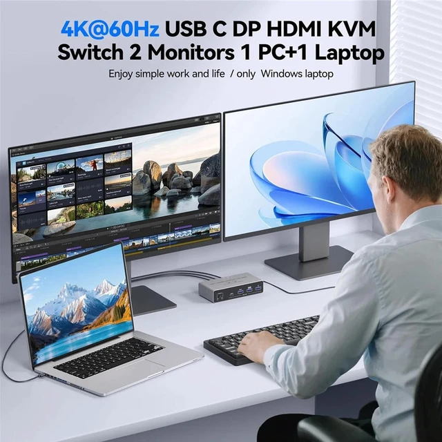 Alt view image 4 of 7 - AUTYUE USB C HDMI Displayport KVM Switch for 1 Laptop & 1 Desktop PC Share 2 Monitors, 4K@60Hz Dual Monitors Type C HDMI + Displayport KVM Switches with 100W PD for 1 PC 1 Laptop Share Mouse Keyboard