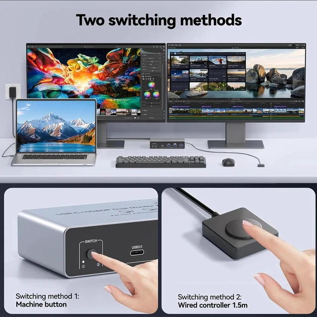 Alt view image 6 of 7 - AUTYUE USB C HDMI Displayport KVM Switch for 1 Laptop & 1 Desktop PC Share 2 Monitors, 4K@60Hz Dual Monitors Type C HDMI + Displayport KVM Switches with 100W PD for 1 PC 1 Laptop Share Mouse Keyboard