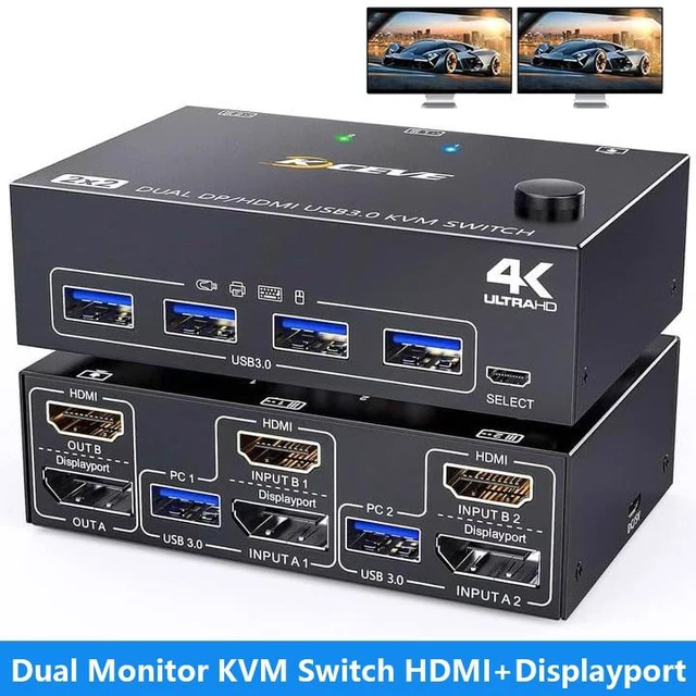 Main image of AUTYUE USB 3.0 Dual Monitor KVM Switch HDMI+Displayport 4K@60Hz 2K@120Hz, 2 Monitors 2 Computers KVM Switch for 2 Computer Share 2 Display and 4 USB3.0 Devices, Wired Remote and 4 Cables Included