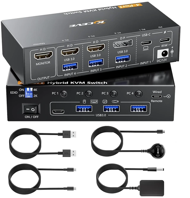 Main image of AUTYUE 4 Ports Hybrid KVM Switch 4 Computers 1 Monitors 4K@60Hz, 4 Port KVM Switches Sharing 1 Monitor and 4 USB 3.0 Devices Such as Keyboard Mouse Printer, with Power Adapter and Wired Remote