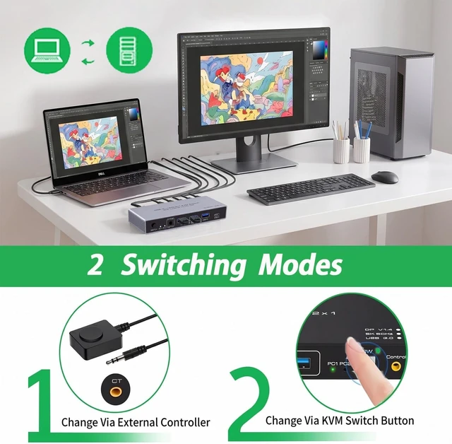 Alt view image 5 of 7 - AUTYUE USB-C + HDMI KVM Switch 1 Monitor 2 Computers, 4K@60Hz USB C HDMI KVM Switches for Laptop & Desktop with 4 USB 3.0 Ports, Share Keyboard Mouse Printer, Desktop Controller Aluminum