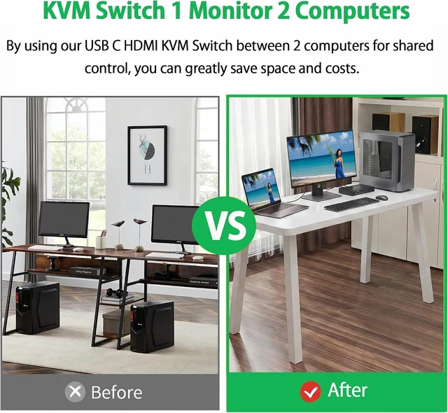 Alt view image 7 of 7 - AUTYUE USB-C + HDMI KVM Switch 1 Monitor 2 Computers, 4K@60Hz USB C HDMI KVM Switches for Laptop & Desktop with 4 USB 3.0 Ports, Share Keyboard Mouse Printer, Desktop Controller Aluminum