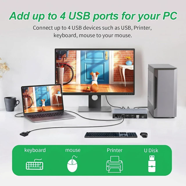 Alt view image 4 of 7 - AUTYUE USB-C + HDMI KVM Switch 1 Monitor 2 Computers, 4K@60Hz USB C HDMI KVM Switches for Laptop & Desktop with 4 USB 3.0 Ports, Share Keyboard Mouse Printer, Desktop Controller Aluminum