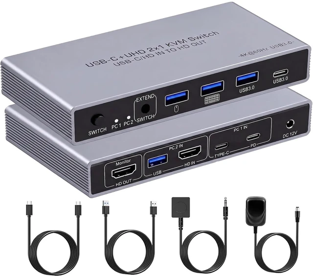 Main image of AUTYUE USB-C + HDMI KVM Switch 1 Monitor 2 Computers, 4K@60Hz USB C HDMI KVM Switches for Laptop & Desktop with 4 USB 3.0 Ports, Share Keyboard Mouse Printer, Desktop Controller Aluminum