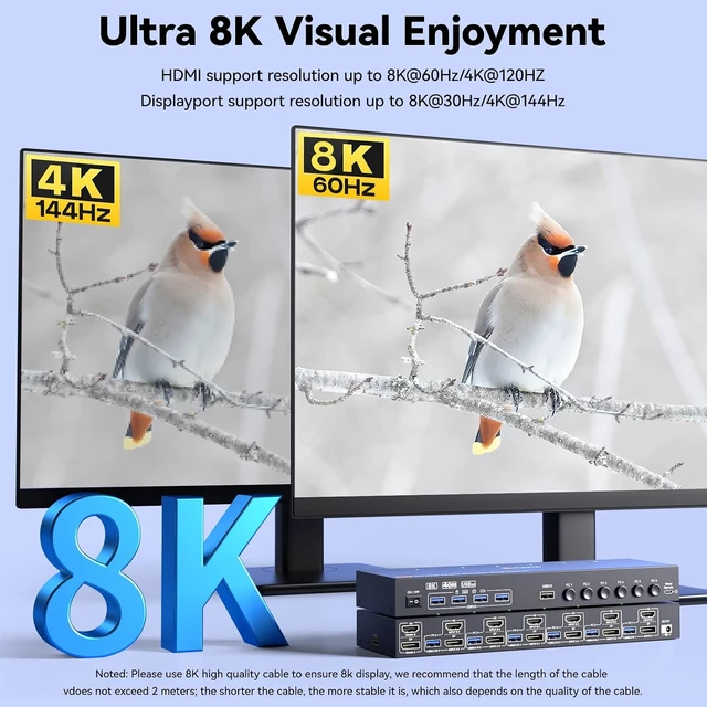Alt view image 4 of 7 - AUTYUE 8K@30Hz KVM Switch 2 Monitors 6 Computers, 4K@144Hz Dual Monitor 1 HDMI + 1 Displayport KVM for 6 PCs Sharing 2 Display and 4 USB 3.0 Devices , Power Adapter + Wired Controller Included
