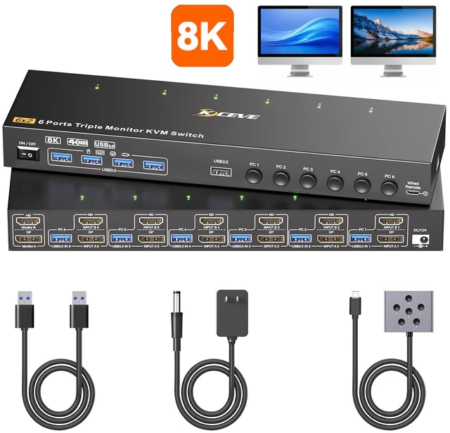 Main image of AUTYUE 8K@30Hz KVM Switch 2 Monitors 6 Computers, 4K@144Hz Dual Monitor 1 HDMI + 1 Displayport KVM for 6 PCs Sharing 2 Display and 4 USB 3.0 Devices , Power Adapter + Wired Controller Included