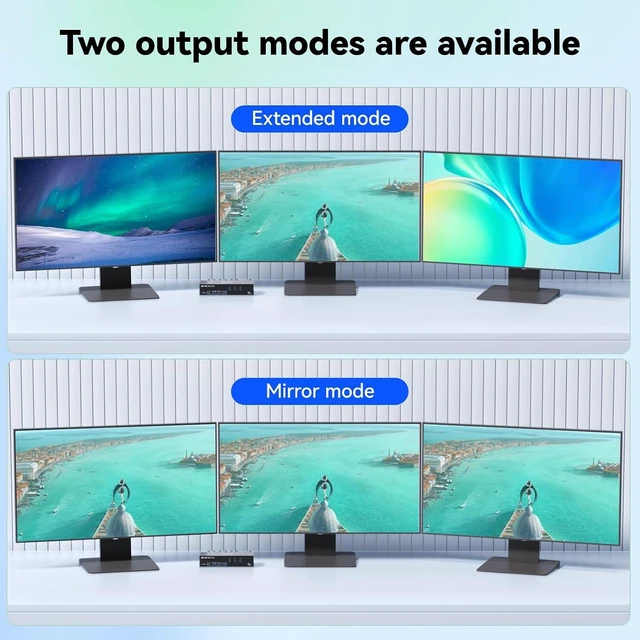 Alt view image 2 of 7 - AUTYUE KVM Switch 3 Monitors 3 Computers Displayport HDMI 4K@60Hz EDID Emulation
Triple Monitor KVM Switch EDID, Expand to 3 Monitors and 4 USB 3.0 Ports, Wired Remote, USB Cables, 12V Power Adapter