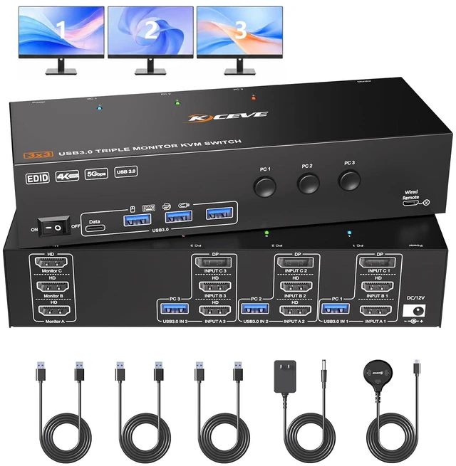 Main image of AUTYUE KVM Switch 3 Monitors 3 Computers Displayport HDMI 4K@60Hz EDID Emulation
Triple Monitor KVM Switch EDID, Expand to 3 Monitors and 4 USB 3.0 Ports, Wired Remote, USB Cables, 12V Power Adapter