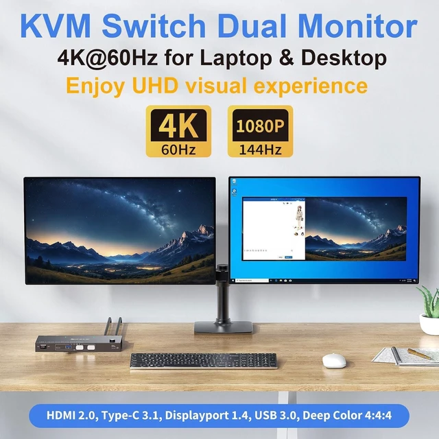 Alt view image 2 of 7 - AUTYUE USB C KVM Switch 2 Monitors for 1 Desktop and 1 Laptop
PD 100W, 4K@60Hz, MST, USB 3.0 KVM Switch 2 Monitors 2 Computers USB C Displayport HDMI, Wired Remote (USB-C 2 in 2 out)