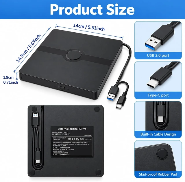 Alt view image 4 of 7 - AUTYUE External CD DVD Drive, Portable DVD Player for PC with External DVD±RW Burner USB 3.0 & USB-C Ultra Fast External Optical CD/DVD -/+RW Drive Compatible with Windows 11/10/8/7 Linux MacOS