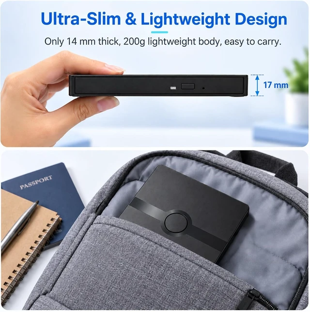 Alt view image 6 of 7 - AUTYUE External CD DVD Drive, Portable DVD Player for PC with External DVD±RW Burner USB 3.0 & USB-C Ultra Fast External Optical CD/DVD -/+RW Drive Compatible with Windows 11/10/8/7 Linux MacOS