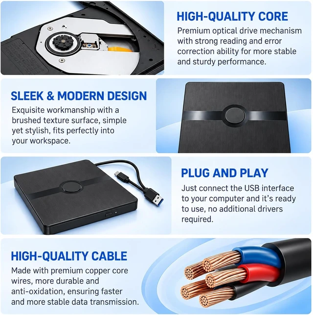 Alt view image 7 of 7 - AUTYUE External CD DVD Drive, Portable DVD Player for PC with External DVD±RW Burner USB 3.0 & USB-C Ultra Fast External Optical CD/DVD -/+RW Drive Compatible with Windows 11/10/8/7 Linux MacOS