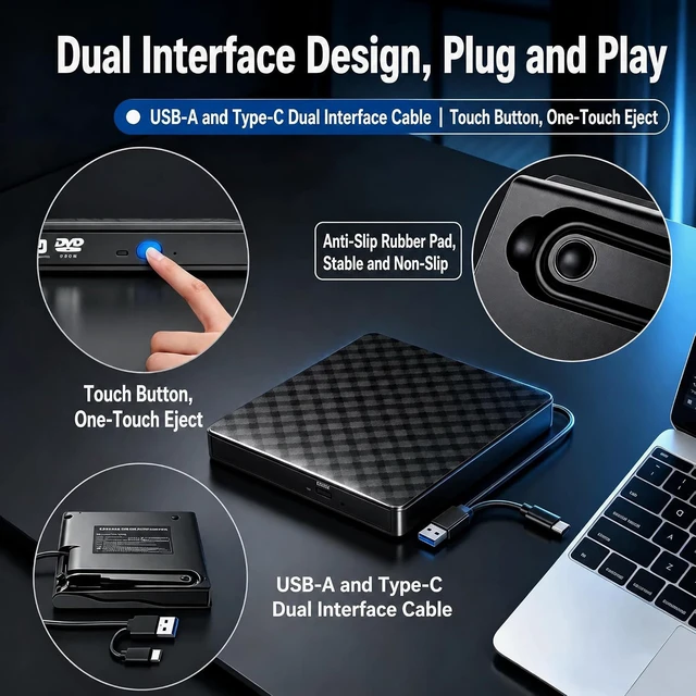 Alt view image 3 of 7 - AUTYUE USB 3.0 & Type-C Blu Ray Burner, Portable USB External Blu-ray DVD Drive, External Blueray/ CD DVD Drive for PC Supports Read/Burn, Versatile Blu Ray Writer Compatible with Windows/Linux/MacOS