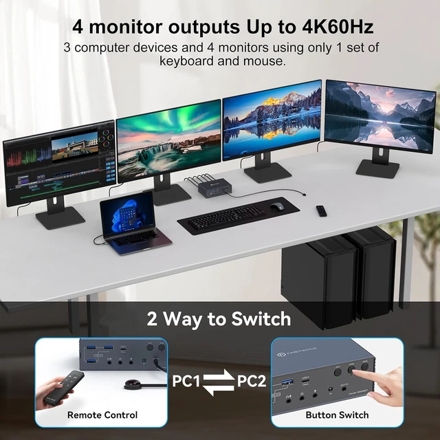Alt view image 4 of 7 - AUTYUE USB C KVM Switch KVM Docking Station 3 Computers 4 Monitors for M1 M2 M3 M4 with Displaylink Technology, 4K60@Hz HDMI KVM Switches Multi-Monitor Extended/Mirrored Display Out for Windows Mac OS