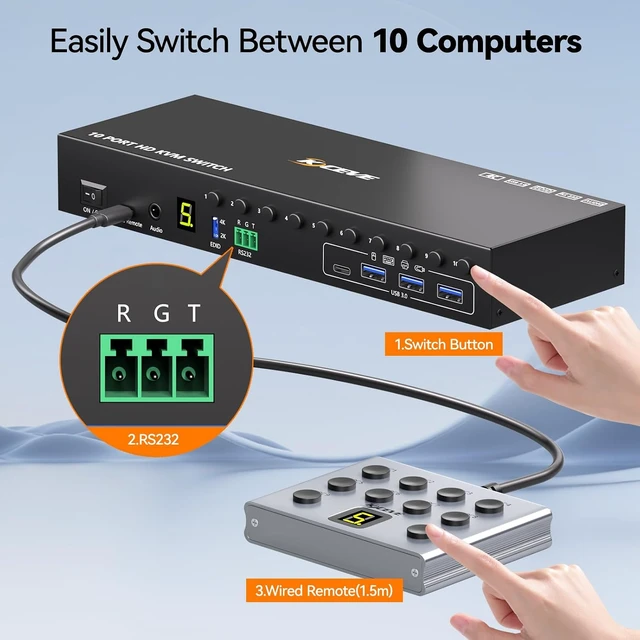 Alt view image 3 of 7 - AUTYUE 10 Port 8 Port HDMI KVM Switch 10 Computers 1 Monitor Audio EDID Emulation
4K@60Hz HDMI USB 3.0 KVM Switch 10 PC 1 Monitor,4 USB 3.0 Port, EDID, Audio,RS232,with Wired Remote and Power Adapter