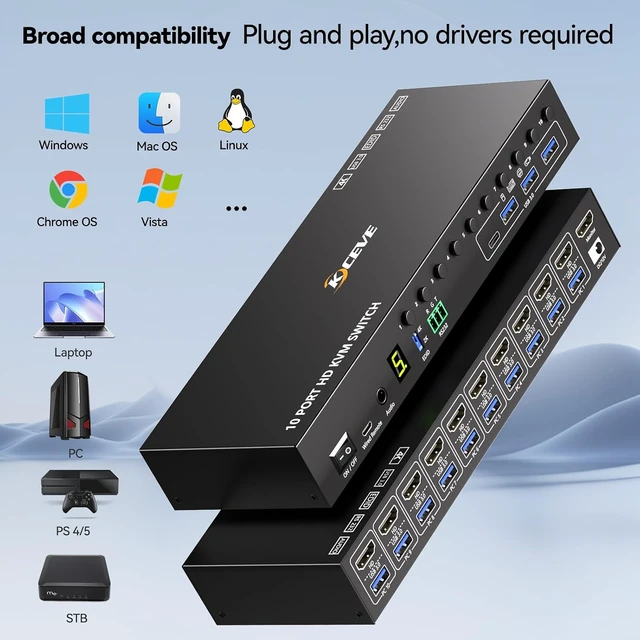 Alt view image 7 of 7 - AUTYUE 10 Port 8 Port HDMI KVM Switch 10 Computers 1 Monitor Audio EDID Emulation
4K@60Hz HDMI USB 3.0 KVM Switch 10 PC 1 Monitor,4 USB 3.0 Port, EDID, Audio,RS232,with Wired Remote and Power Adapter