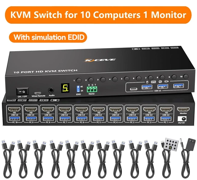Main image of AUTYUE 10 Port 8 Port HDMI KVM Switch 10 Computers 1 Monitor Audio EDID Emulation
4K@60Hz HDMI USB 3.0 KVM Switch 10 PC 1 Monitor,4 USB 3.0 Port, EDID, Audio,RS232,with Wired Remote and Power Adapter
