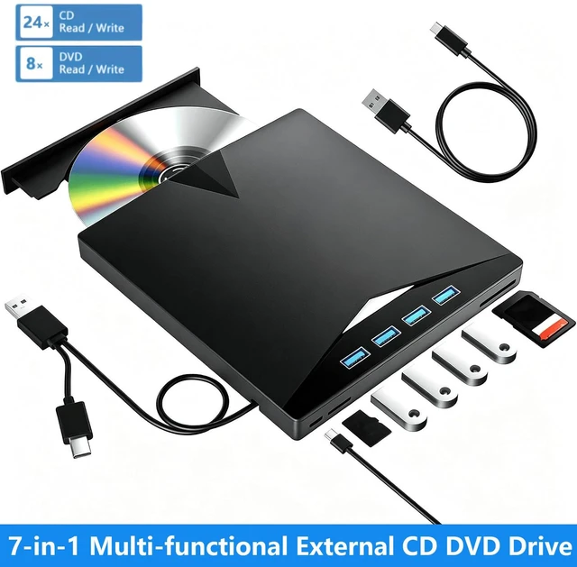 Main image of AUTYUE 7-in-1 Multi-functional External CD/DVD Drive 4 x USB A ports, SD card reader, USB 3.0 & Type-C Portable DVD Player, External CD Burner Optical DVD Drive, Compatible with Windows, Linux, Mac OS