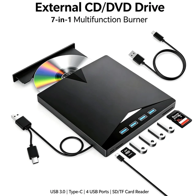 Alt view image 2 of 7 - AUTYUE 7-in-1 Multi-functional External CD/DVD Drive 4 x USB A ports, SD card reader, USB 3.0 & Type-C Portable DVD Player, External CD Burner Optical DVD Drive, Compatible with Windows, Linux, Mac OS