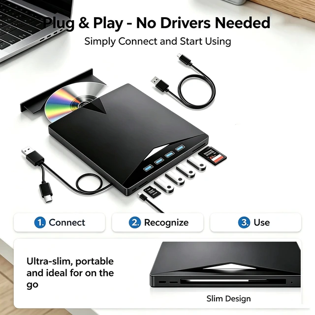 Alt view image 4 of 7 - AUTYUE 7-in-1 Multi-functional External CD/DVD Drive 4 x USB A ports, SD card reader, USB 3.0 & Type-C Portable DVD Player, External CD Burner Optical DVD Drive, Compatible with Windows, Linux, Mac OS