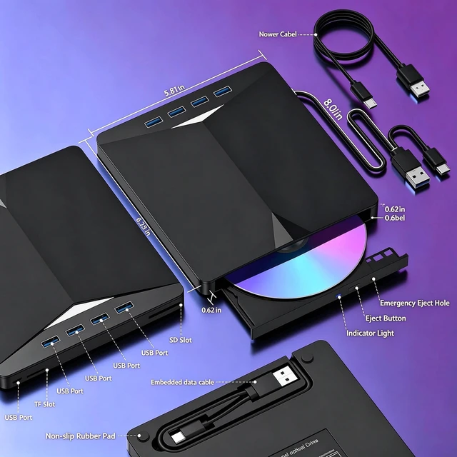 Alt view image 7 of 7 - AUTYUE 7-in-1 Multi-functional External CD/DVD Drive 4 x USB A ports, SD card reader, USB 3.0 & Type-C Portable DVD Player, External CD Burner Optical DVD Drive, Compatible with Windows, Linux, Mac OS