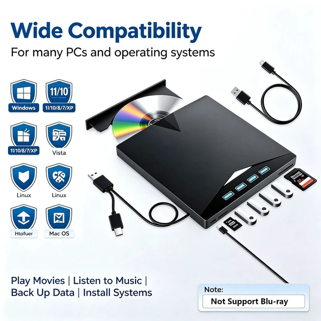 Alt view image 6 of 7 - AUTYUE 7-in-1 Multi-functional External CD/DVD Drive 4 x USB A ports, SD card reader, USB 3.0 & Type-C Portable DVD Player, External CD Burner Optical DVD Drive, Compatible with Windows, Linux, Mac OS