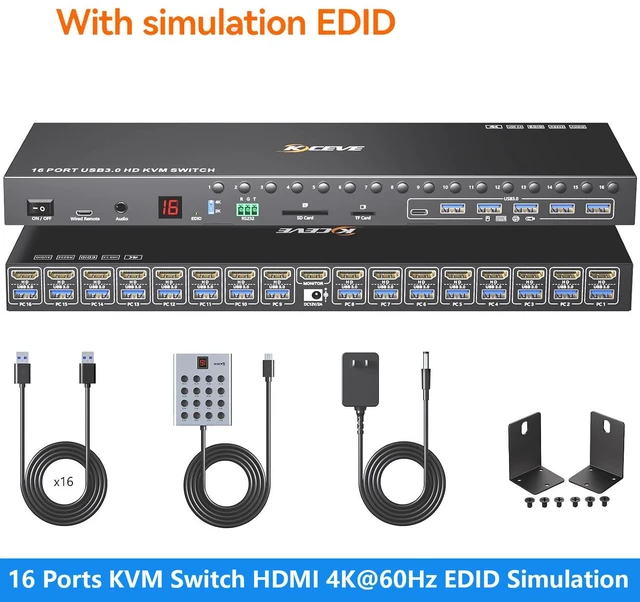 Main image of AUTYUE 16 Ports KVM Switch HDMI 4K@60Hz EDID Simulation,USB 3.0 HDMI KVM Switch for 16 Computers/Servers, with 6 USB 3.0 Port, TF/SD, Audio RS232, Wired Remote & 12V Power + 16 USB Cable Included