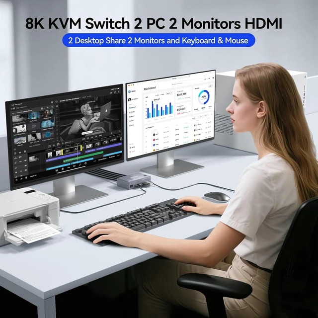 Alt view image 2 of 7 - AUTYUE Dual Monitor HDMI USB 3.0 KVM Switch 2 Monitors 2 Computers, HDMI 4K@144Hz, 8K@60Hz EDID, HDMI2.1 KVM Switch 2 PCs share Share 2 Monitors and 4 USB 3.0 Devices Keyboard Mouse, Wired Remote