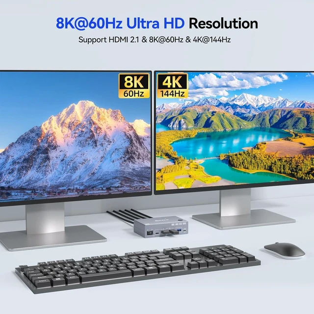 Alt view image 4 of 7 - AUTYUE Dual Monitor HDMI USB 3.0 KVM Switch 2 Monitors 2 Computers, HDMI 4K@144Hz, 8K@60Hz EDID, HDMI2.1 KVM Switch 2 PCs share Share 2 Monitors and 4 USB 3.0 Devices Keyboard Mouse, Wired Remote
