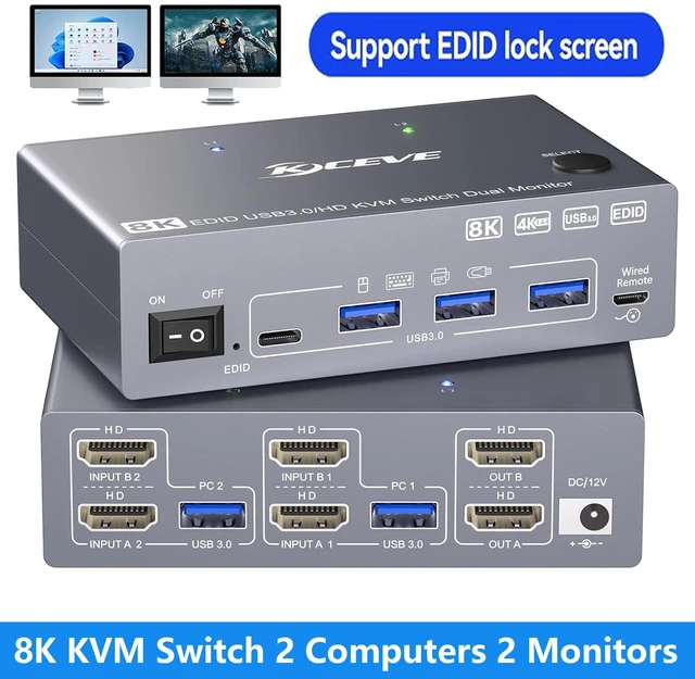 Main image of AUTYUE Dual Monitor HDMI USB 3.0 KVM Switch 2 Monitors 2 Computers, HDMI 4K@144Hz, 8K@60Hz EDID, HDMI2.1 KVM Switch 2 PCs share Share 2 Monitors and 4 USB 3.0 Devices Keyboard Mouse, Wired Remote