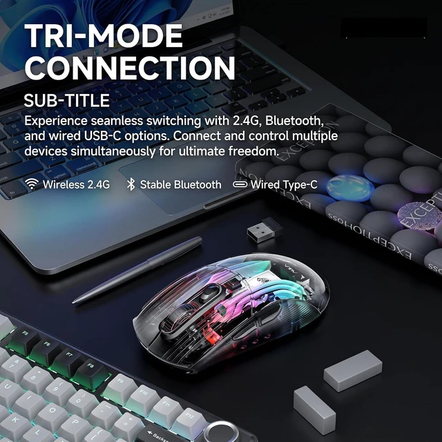 Alt view image 4 of 7 - AUTYUE Transparent Wireless Gaming Mouse, Tri-Mode RGB, Battery Display, Black
Tri-Mode 2.4G/Bluetooth/USB-C | RGB Magnetic Dock | Transparent Shell | 4000 DPI | Silent Click | for PC, Mac, Laptop