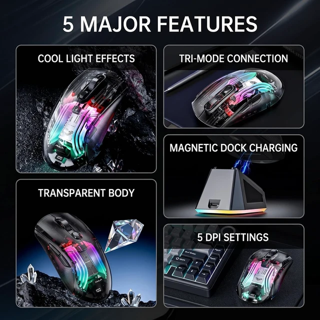 Alt view image 2 of 7 - AUTYUE Transparent Wireless Gaming Mouse, Tri-Mode RGB, Battery Display, Black
Tri-Mode 2.4G/Bluetooth/USB-C | RGB Magnetic Dock | Transparent Shell | 4000 DPI | Silent Click | for PC, Mac, Laptop
