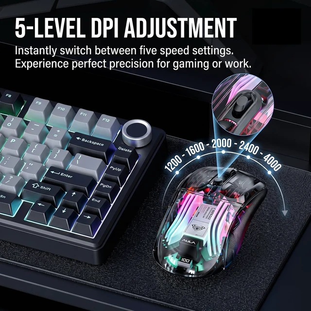 Alt view image 5 of 7 - AUTYUE Transparent Wireless Gaming Mouse, Tri-Mode RGB, Battery Display, Black
Tri-Mode 2.4G/Bluetooth/USB-C | RGB Magnetic Dock | Transparent Shell | 4000 DPI | Silent Click | for PC, Mac, Laptop