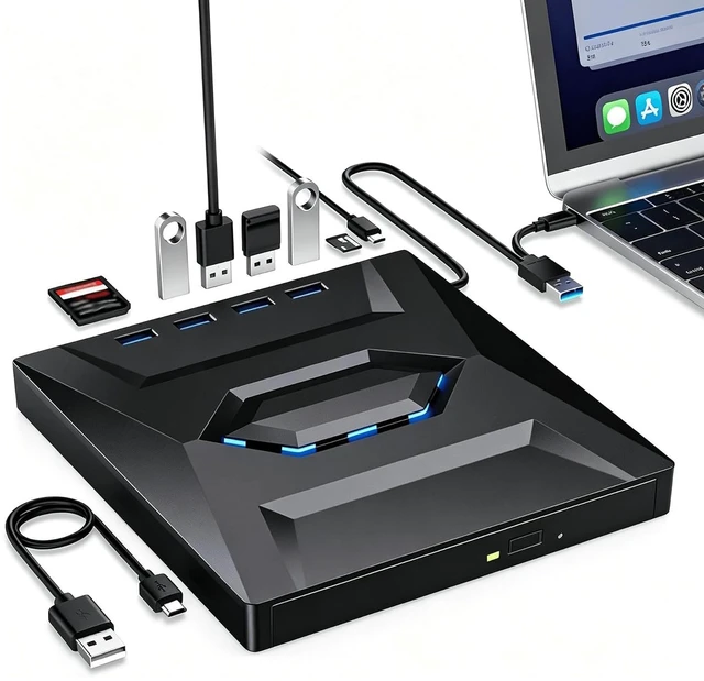 Main image of AUTYUE USB 3.0 Type C External CD/DVD Drive with SD Card Reader & 4 USB Ports, Portable DVD Player, External DVD Optical Disk Drive Compatible with Windows & Mac, CD-ROM burner, Portable and Compact