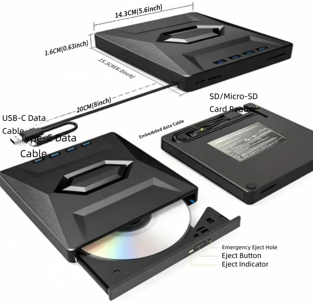 Alt view image 7 of 7 - AUTYUE USB 3.0 Type C External CD/DVD Drive with SD Card Reader & 4 USB Ports, Portable DVD Player, External DVD Optical Disk Drive Compatible with Windows & Mac, CD-ROM burner, Portable and Compact