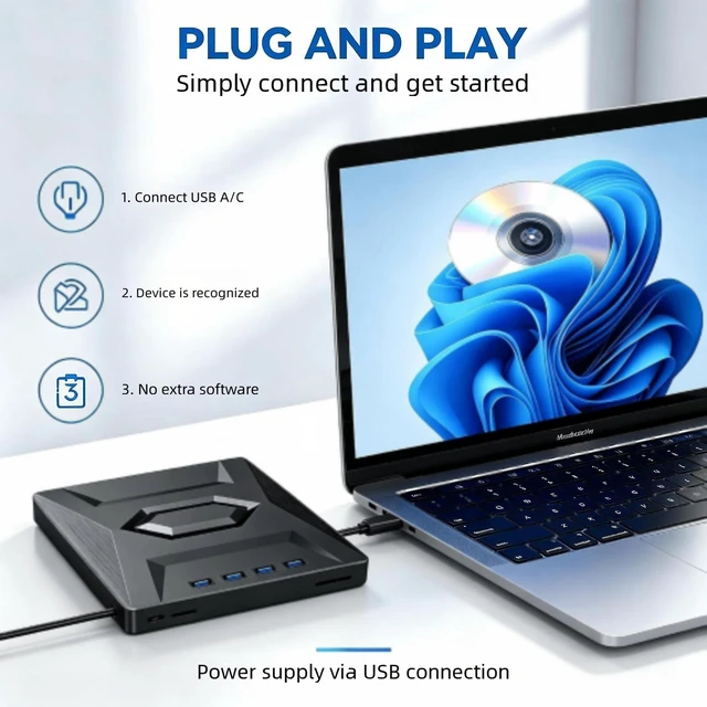 Alt view image 2 of 7 - AUTYUE USB 3.0 Type C External CD/DVD Drive with SD Card Reader & 4 USB Ports, Portable DVD Player, External DVD Optical Disk Drive Compatible with Windows & Mac, CD-ROM burner, Portable and Compact