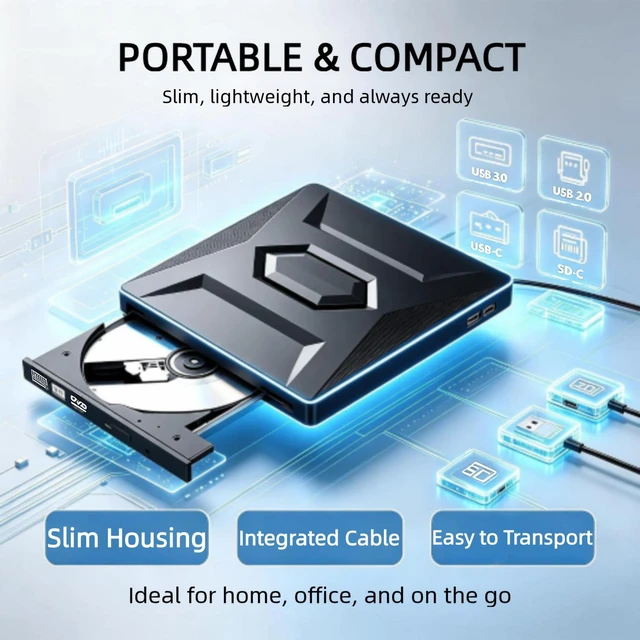 Alt view image 3 of 7 - AUTYUE USB 3.0 Type C External CD/DVD Drive with SD Card Reader & 4 USB Ports, Portable DVD Player, External DVD Optical Disk Drive Compatible with Windows & Mac, CD-ROM burner, Portable and Compact
