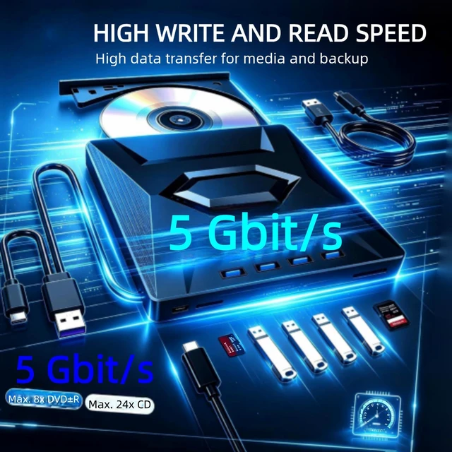 Alt view image 6 of 7 - AUTYUE USB 3.0 Type C External CD/DVD Drive with SD Card Reader & 4 USB Ports, Portable DVD Player, External DVD Optical Disk Drive Compatible with Windows & Mac, CD-ROM burner, Portable and Compact
