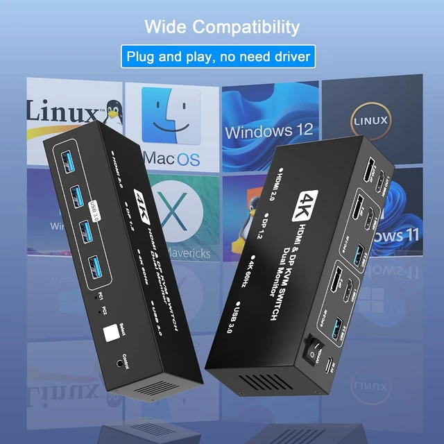 Alt view image 7 of 7 - AUTYUE HDMI DisplayPort KVM Switch 2 Monitors 2 Computers, 4K@60Hz HDMI + Displayport Dual Monitor KVM Switch for 2 Computers Share 4 USB 3.0 Devices Keyboard Mouse Printer, Monitor Switch USB Switch